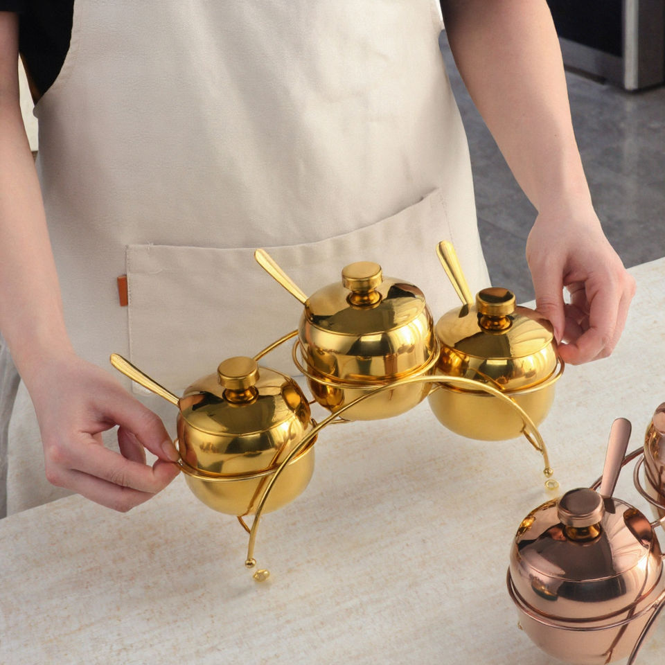 Luxurious Spice Cruet Bottle with Lid, Stainless Steel Spice Container with 3 Spoons Spice Rack