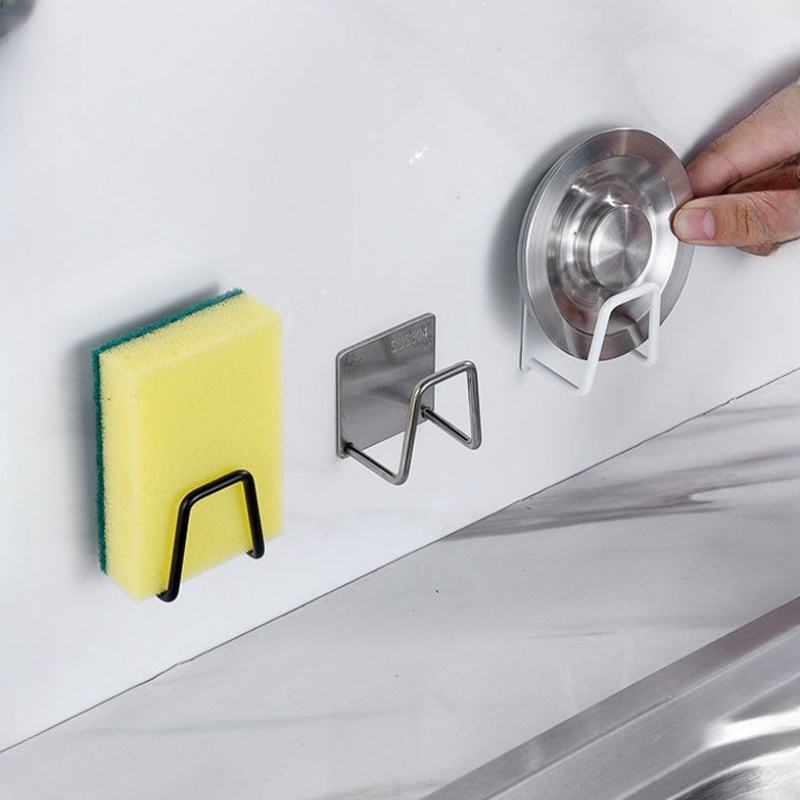 Stainless Steel Kitchen Sink Sponge Rack - Self-Adhesive Drainage Drying Rack - Wall-Mounted Multi-Purpose Storage Hooks
