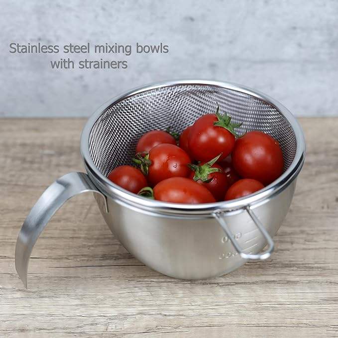 Stainless Steel Mixing Bowl with Kitchen Drain Basket, Sieve Bowl, Baking Mold, Measuring Cup with Handle