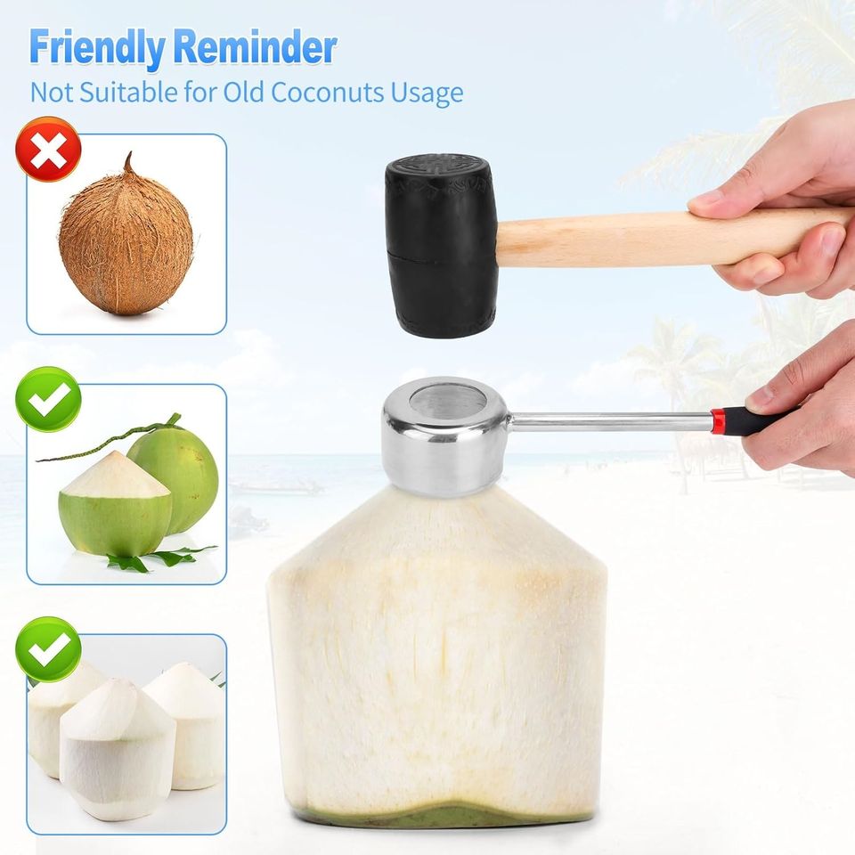 Premium Stainless Steel Coconut Opener Set with Rubber Mallet and Wood Handle Shell Cutter