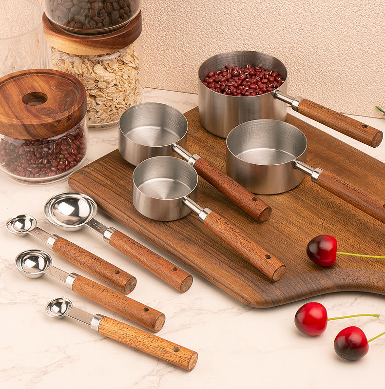 Stainless Steel Coffee Measuring Cup and Spoon Set with Wooden Handle for Dry and Liquid Ingredients