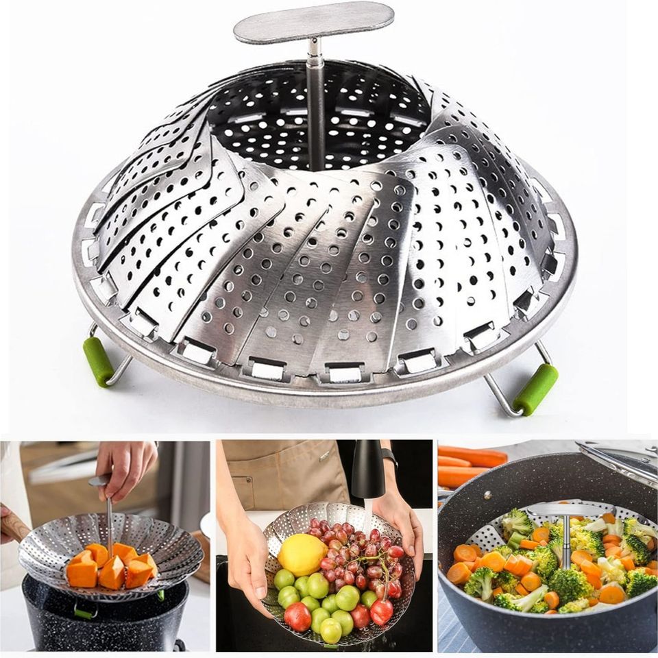Collapsible Stainless Steel Steamer with Removable Handle for Pots