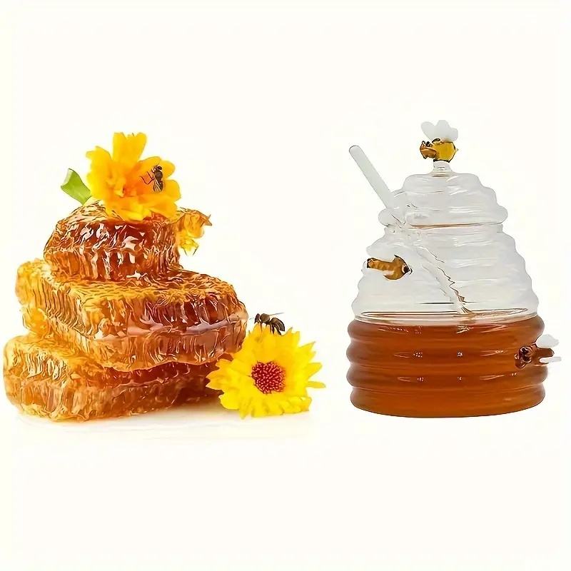 Bestselling Wholesale Honey Jars with Stirrer and Lid Unique Transparent Honey Dispenser Small Glass Jars for Honey