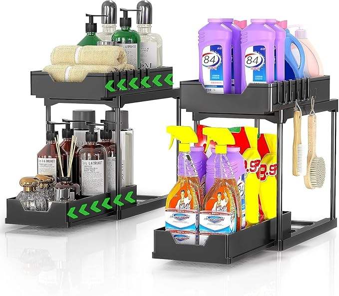 Double Sliding Cabinet Basket Storage Rack with Hooks - Multifunctional Cabinet Storage Shelf Suitable for Household Kitchens