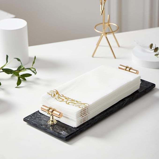 12" Marble Tray Napkin and Towel Organizer with Golden Handles