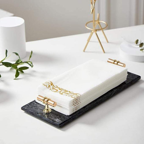 12" Marble Tray Napkin and Towel Organizer with Golden Handles