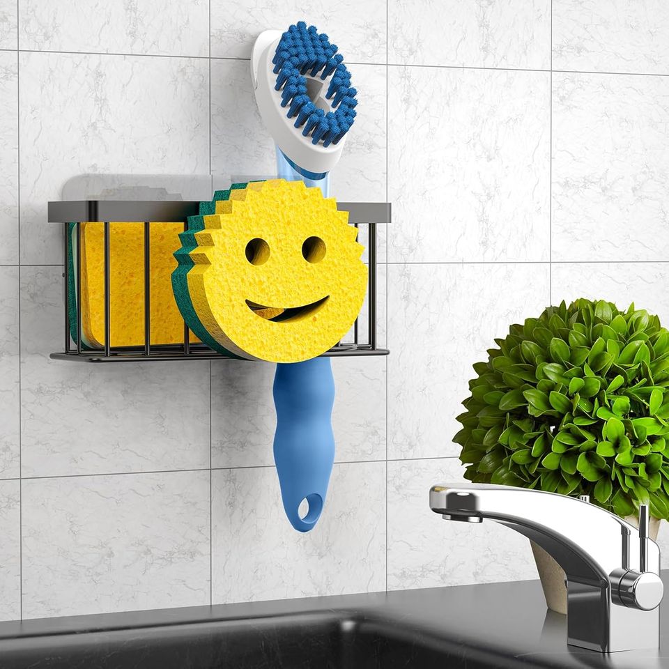 Smiley Face Sink Sponge Caddy for Bathroom and Kitchen Countertop Drain Sieve Drying Basket Rack Organizer for Soap Storage