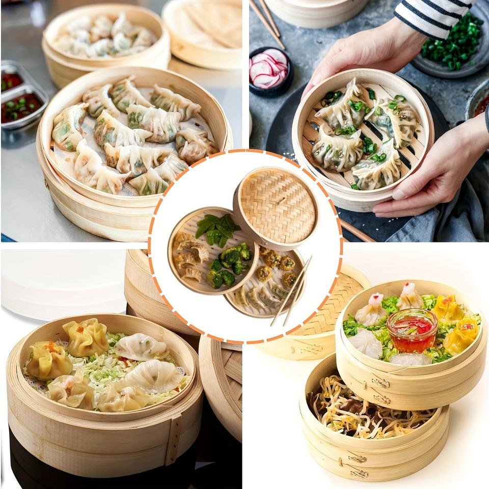 Bamboo Steamer Basket Set | 2 Tier Dumpling and Food Wood Steamer for Asian Cuisine
