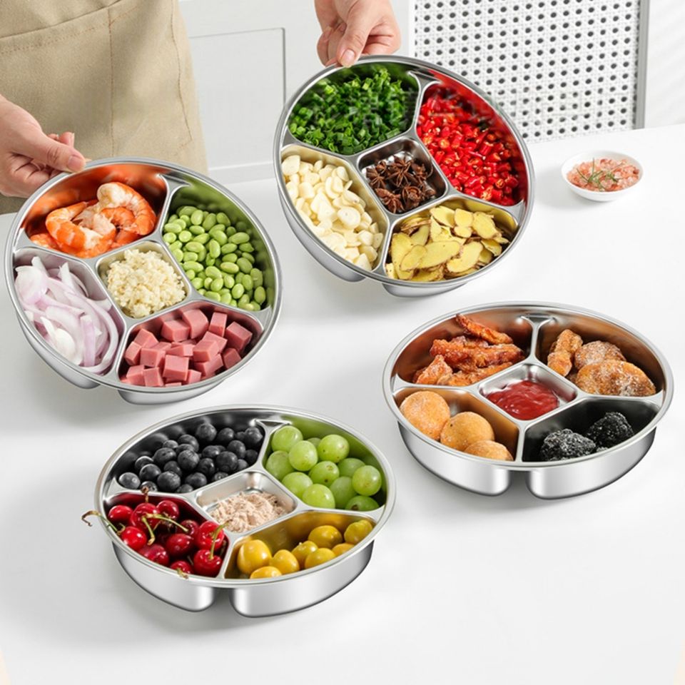 304 Stainless Steel Dip Box with 5 Compartments for Spices Soy Barbecue Sauces Snacks Restaurant or Home Use