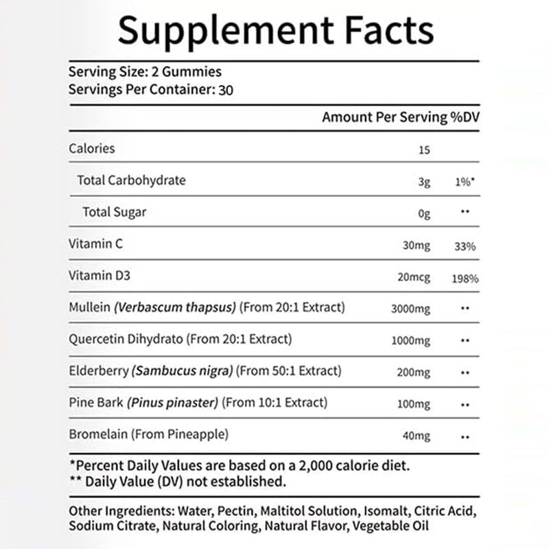 Bioflex OEM 3000mg Mullein Leaf Extract Gummies - Immune Support Respiratory-Lung Cleanse Natural Vegan Mullein Gummies for Lungs