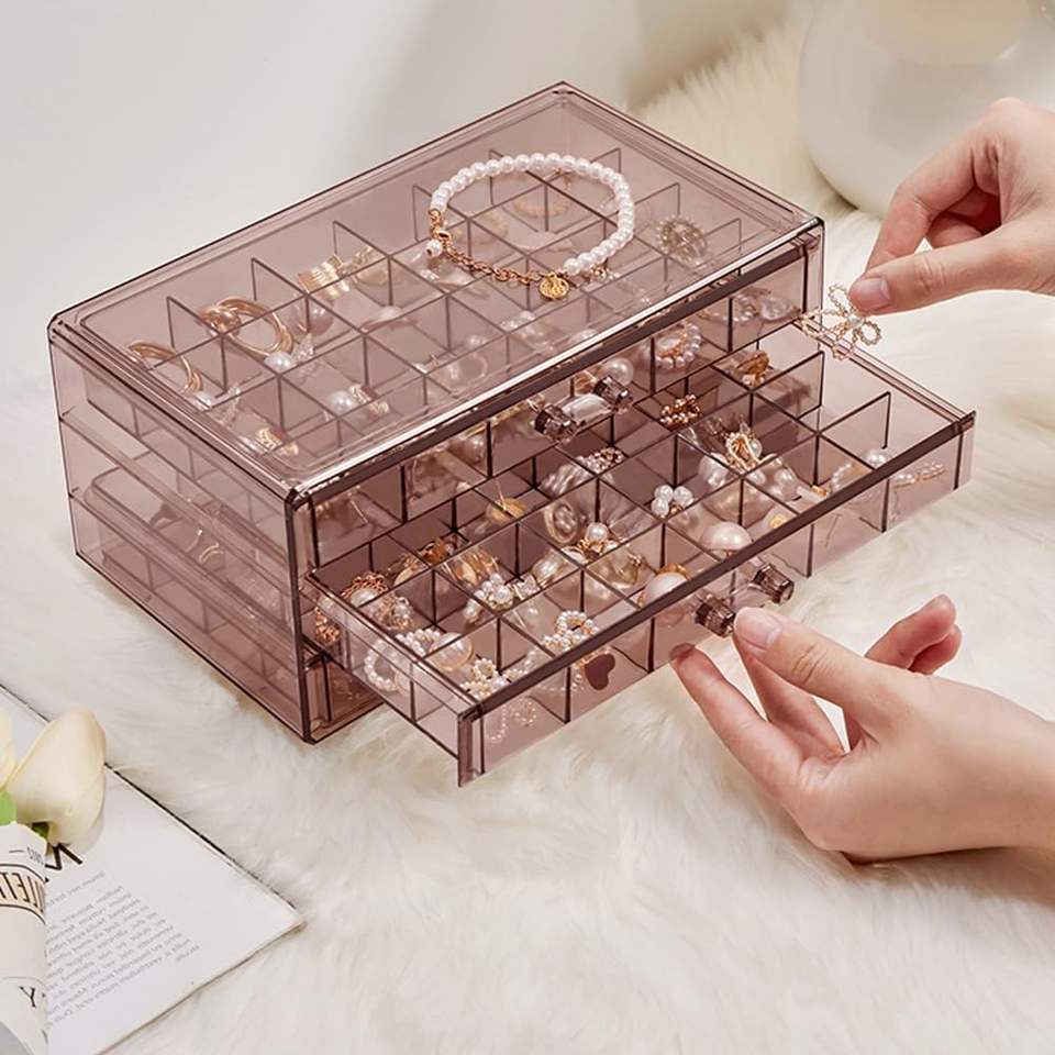 Earring Organizer Stand with 3 Drawers Acrylic Jewelry Storage Box Transparent Jewelry Display Stand with 72 Small Compartments