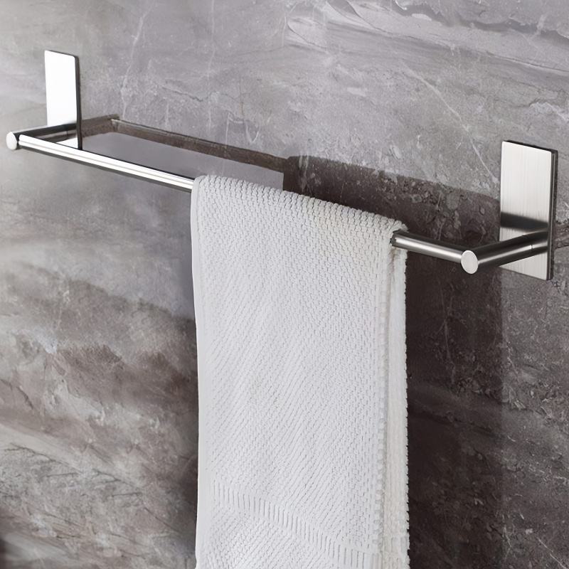 Stainless Steel Bathroom Hardware Set - Wall-Mounted Towel Holder with 2 Adhesive Hooks