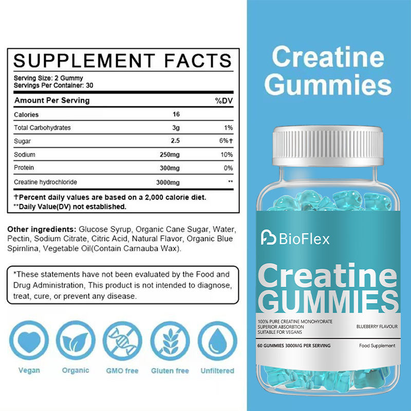 BioFlex 3000mg Pre-Workout Creatine Monohydrate Gummies Dietary Supplement with Private-Label Branding and Chinese Factory-Made Flavor for Adults