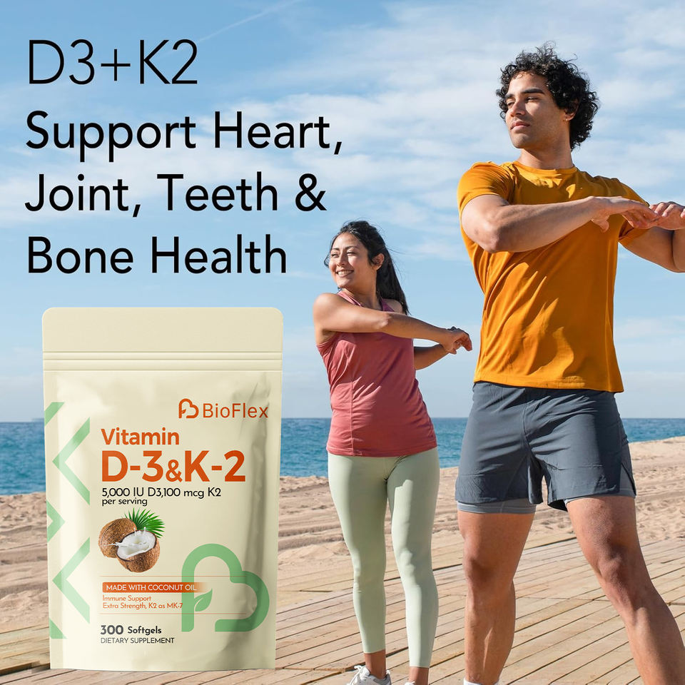 BioFlex High-Quality 2-in-1 Extra Strength Vitamin D3 5000 IU & 100mcg K2-MK7 Softgel Supplement with Coconut Oil