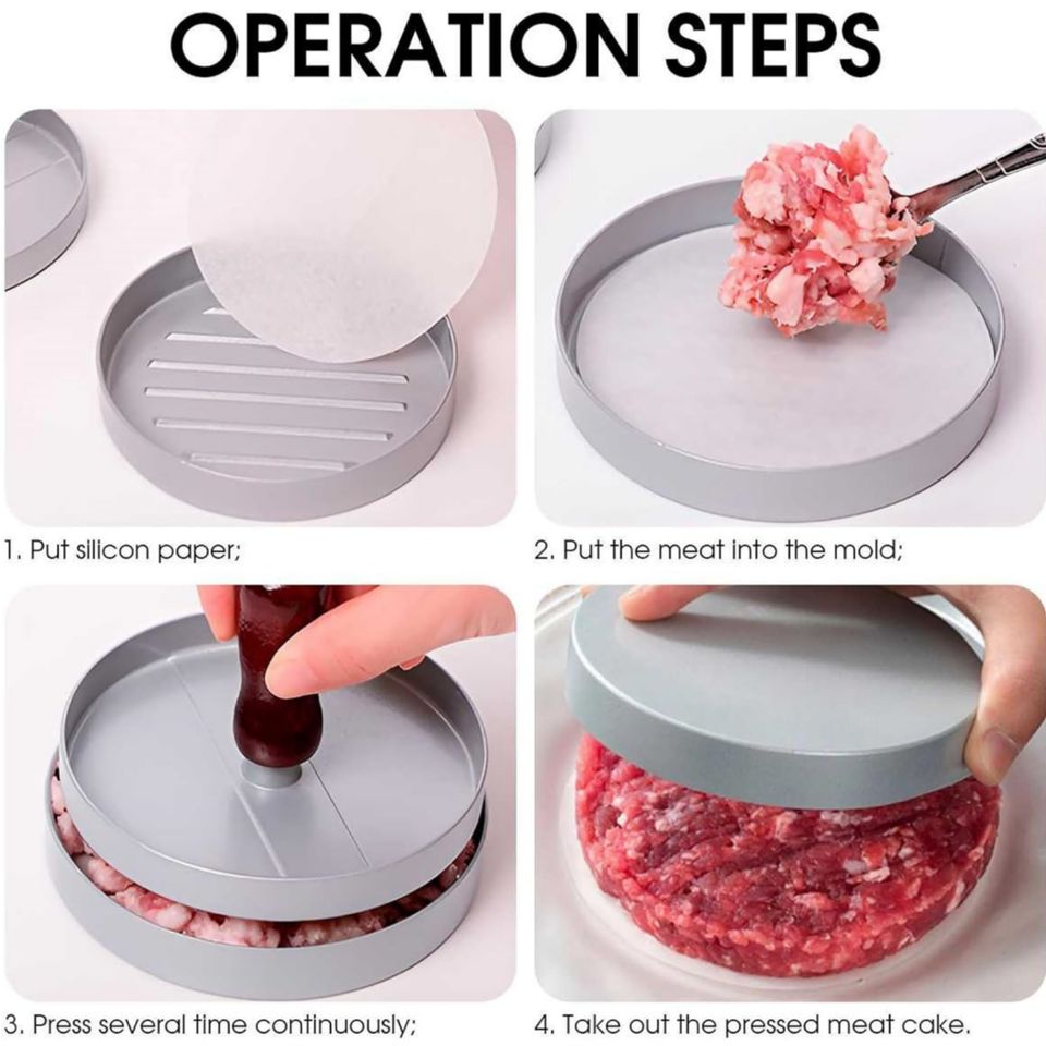 Aluminum Alloy Burger Press with Heat-Resistant Handle Hamburger Tool for BBQ Grill Plate Wooden Anti-Stick Meat Press