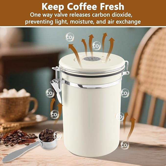 Airtight Stainless Steel Coffee Bean Storage Container with Measuring Spoon