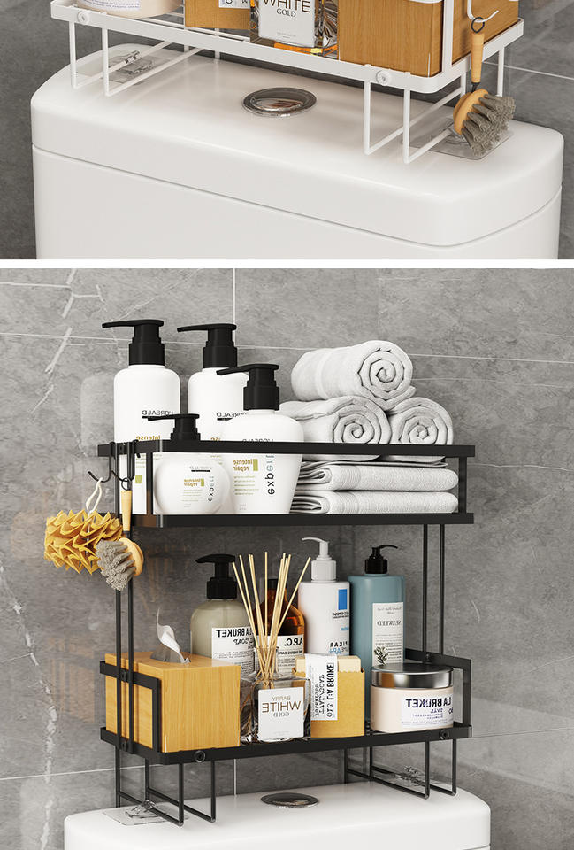 Self-Adhesive Bathroom Wall Shelf Above Toilet 2-tier Rack Space-saving Bathroom Shelves with Hooks