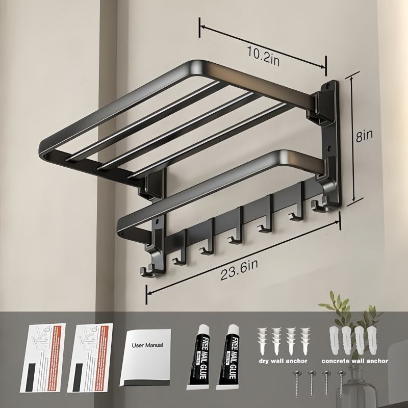 Foldable Bathroom Shelf with Hooks for Towel Storage Organization