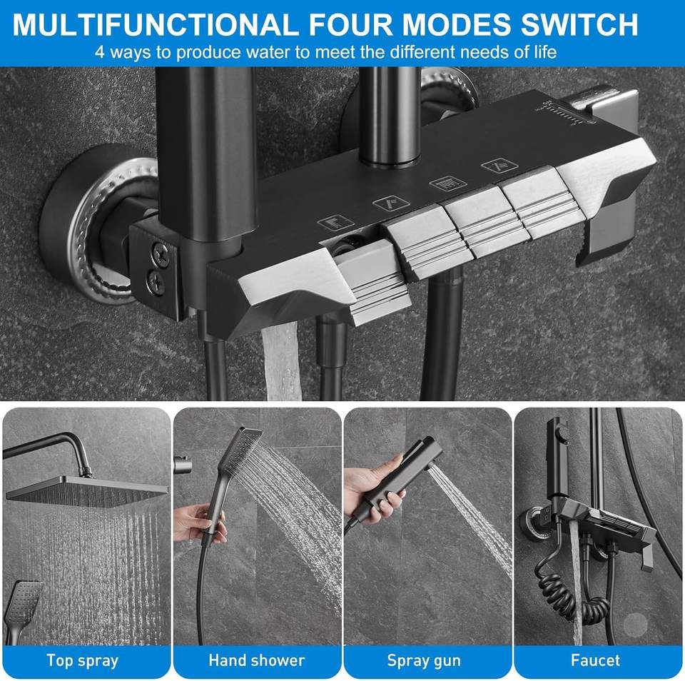Intelligent Bathroom Aluminum Rainwater Shower System with 4 Functions Cold and Hot Stream Faucet Set