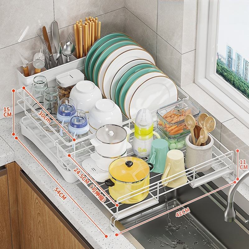 Kitchen Sink Rack and Dish Shelf, Utensil and Cup Storage Rack, Retractable Worktop and Chopsticks Holder