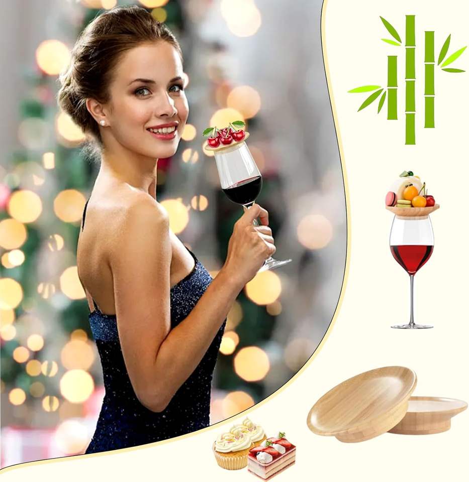 Bamboo Round Wine Glass Cover Charcuterie Board Topper Special Appetizer Plate for Family Gatherings Bars Restaurants
