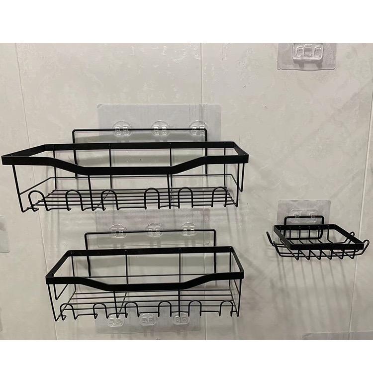 Bathroom Organizer Rack Self-Adhesive Black Wall Shelf Storage Basket