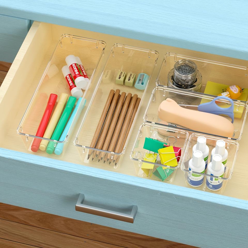 Clear Plastic Drawer Organizers Set of 10/23 Pieces - Keep Your Bathroom, Drawer, Kitchen, and Office Drawers Organized in 4 Sizes