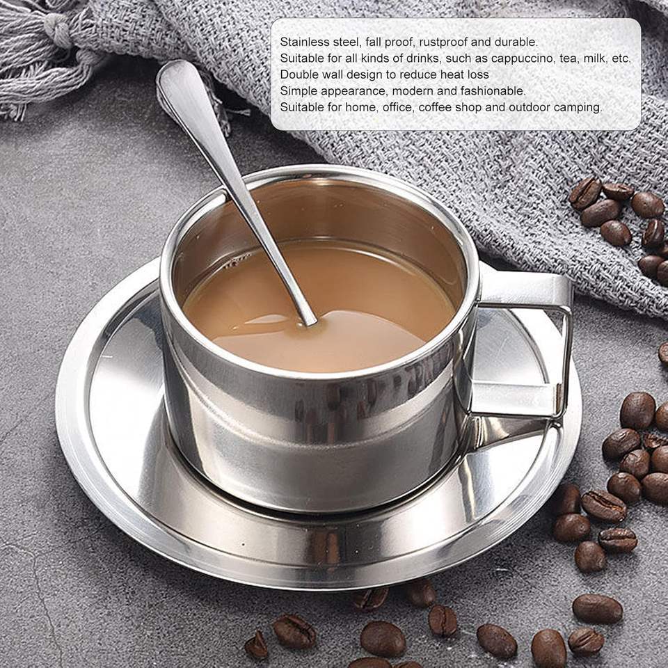 Stainless Steel Coffee Cup Set with Spoons and Tray, Double-Walled Espresso Cups, Suitable for Coffee, Latte