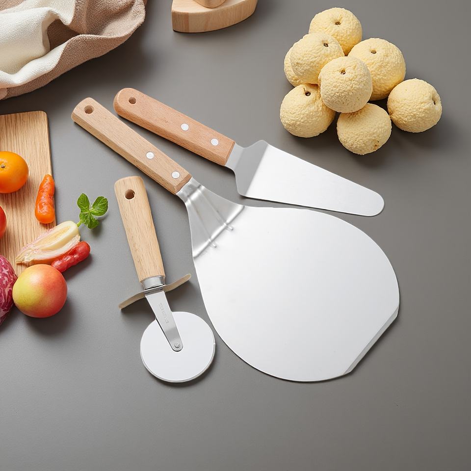 3-Piece Sustainable Stainless Steel Pizza Cutter Set with Wooden Handle