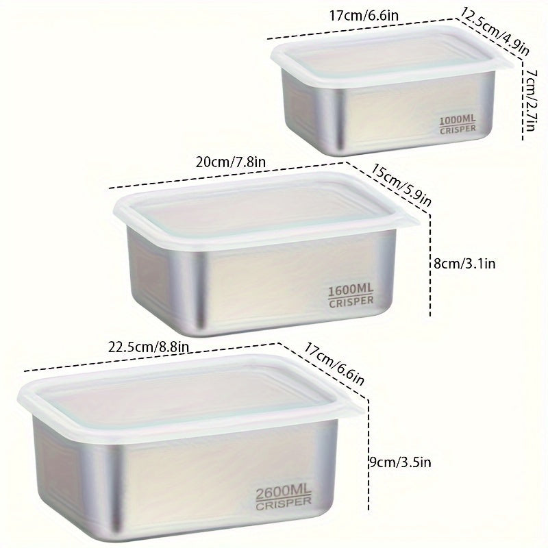 Stainless Steel 3-Piece Food Storage Set with Lid - Multi-Purpose Container for Home Use - Crisper Box for Fruits/Vegetables/Meat