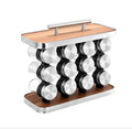 Rotating Stainless Steel Spice Rack with Glass Jars and Wood Hanging Storage for Kitchen