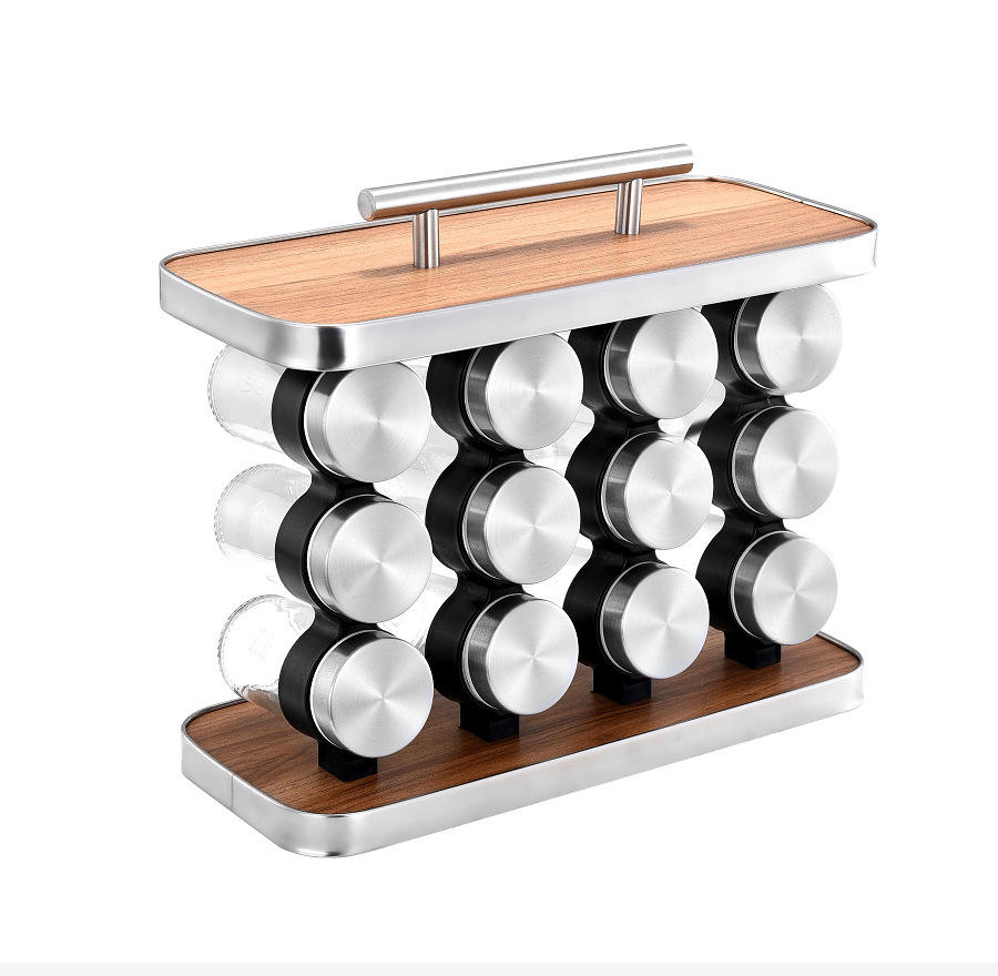 Rotating Stainless Steel Spice Rack with Glass Jars and Wood Hanging Storage for Kitchen