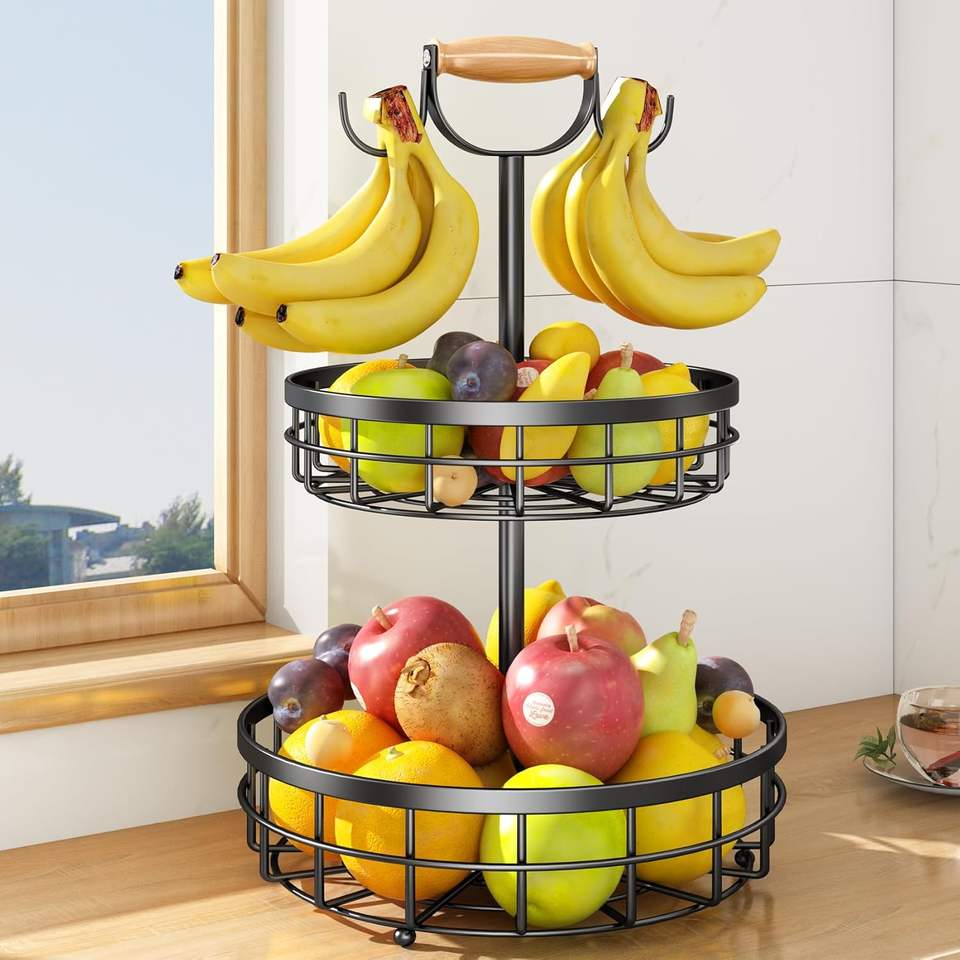 2-Layer Fruit Basket with Double Banana Hooks and Wooden Handles, Metal Wire Basket for Kitchen Countertop