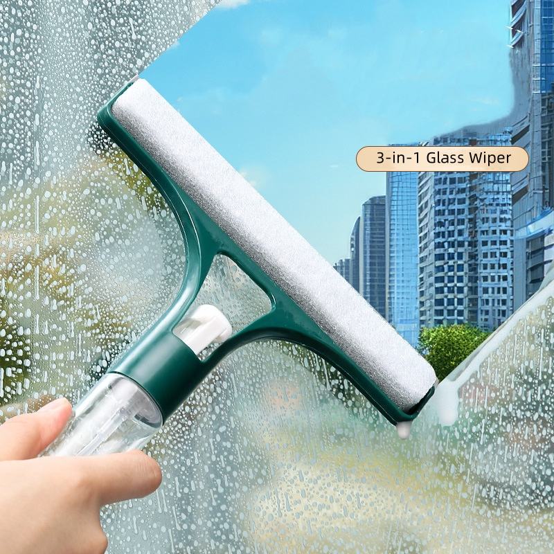 3-in-1 Glass Cleaner with Liquid Spray Double-Sided Scraper Bar for Bathroom Kitchen