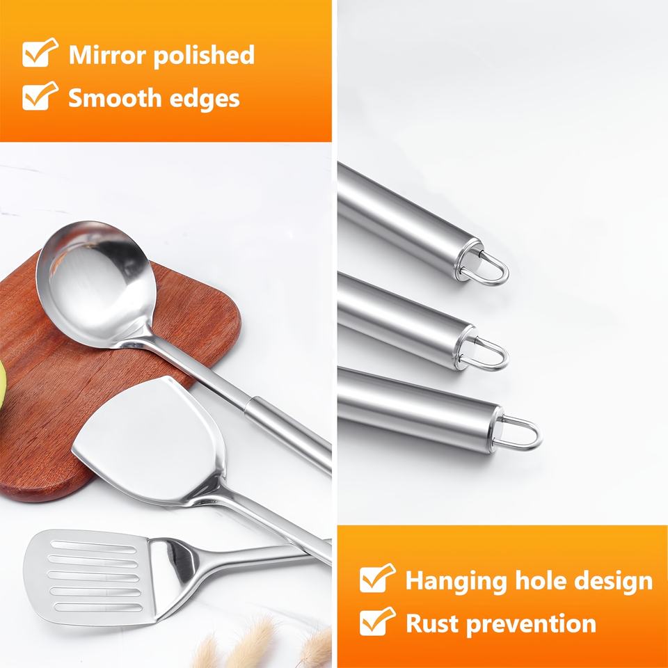 Stainless Steel 3-Piece Multi-Purpose Kitchen Utensil Set - Spoon, Spatula, Dishwasher Safe - Ideal for Home, Apartment, Dorm Use