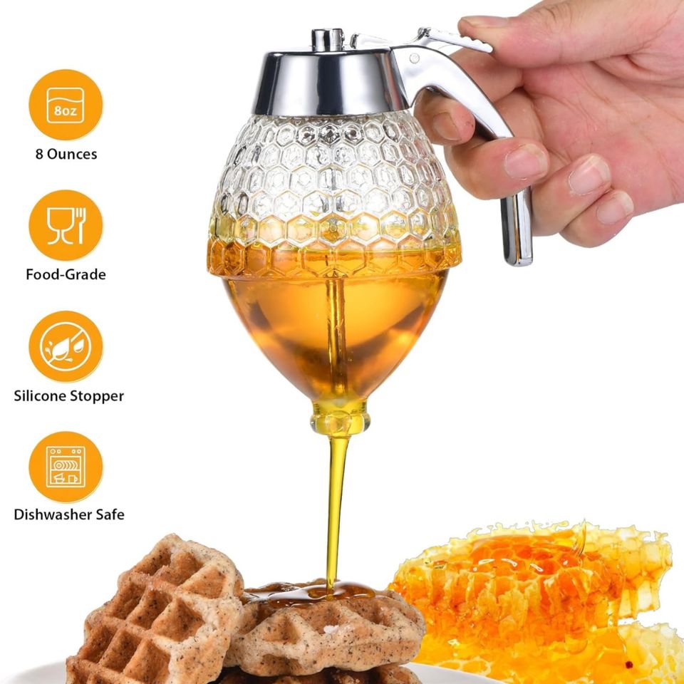 Modern 8 oz Food-Grade Plastic Container Transparent Plastic Honey Dispenser with Drip-Free Stand and Scoop for Parties