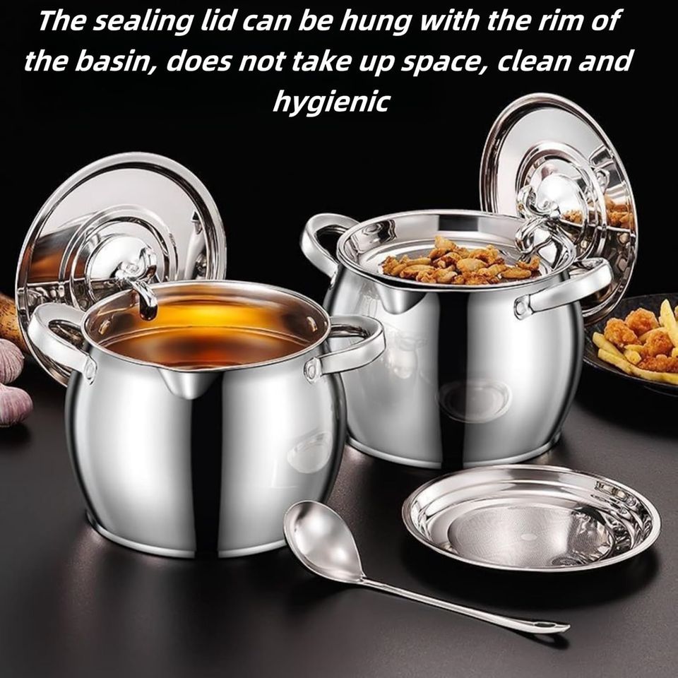 Stainless Steel Kitchen Sieve Pot with Large Capacity and Removable Fine Mesh, Double-Handled for Grease Bacon Fat Storage Slard Ghee