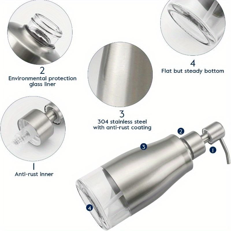 Stainless Steel Non-Slip Soap Dispenser with Glass Insert, Hand Pump for Kitchen/Bathroom - Refillable, 300 ml Capacity