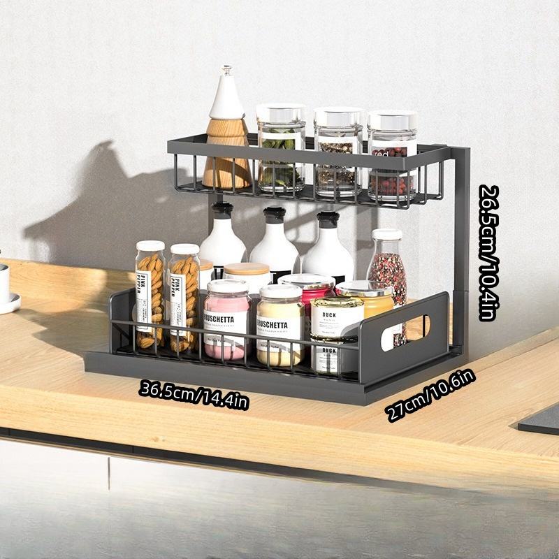 2-Tier Retractable Sink Rack Carbon Steel Kitchen Bathroom Under Cabinet Sink Storage Organizer Shelf