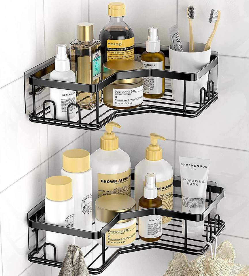 Stainless Steel Bathroom Corner Shelf Organizer Towel Holder Shower Caddy with Hooks Accessory Set