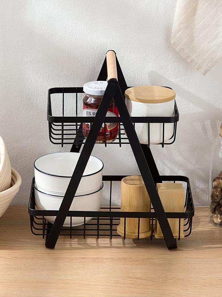 2 Tier Metal Grid Hanging Fruit Basket Storage Bin for Dining Table
