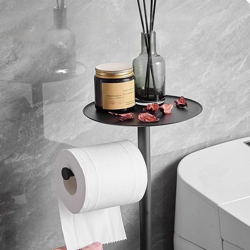 Stainless Steel Bathroom Floor Stand Toilet Paper Holder with Brush Storage Set