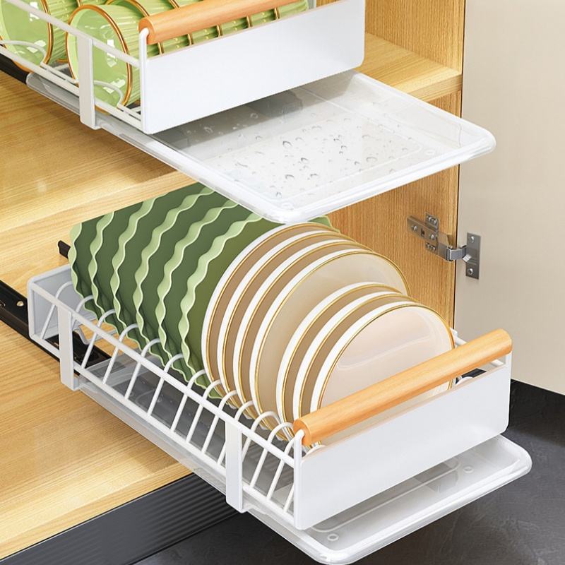 Expandable Kitchen Dish Organizer, Pull-Out Dish Rack for Kitchen Cabinets, Under Sink Kitchen Drawer