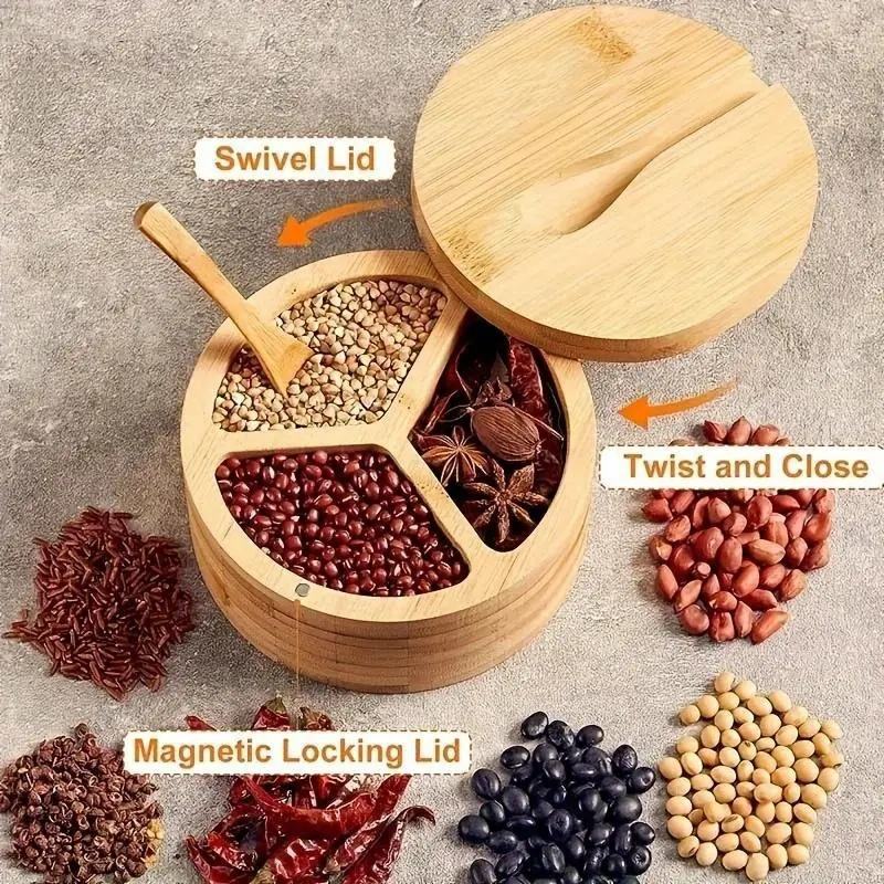 Hot Sale 3 Grid Rotating Wooden Kitchen Spice Boxes Magnetic Spice Containers Spice Storage Box Glass