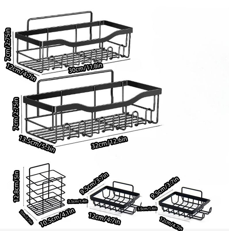 5-Piece Bathroom Wall Shelf Set, Black Metal Self-Adhesive Storage Rack for Bath, Kitchen, and Shower