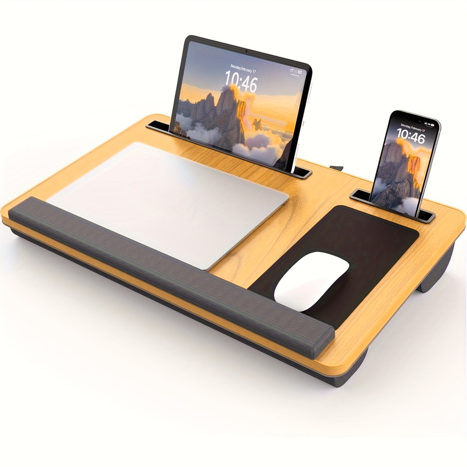 Portable Multifunctional Folding Wooden Desk with Wrist Rest Mousepad Phone/Tablet Slots Easy-Carry for Adults - Versatile for School