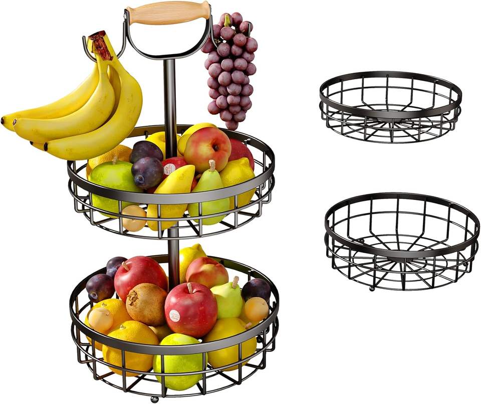 2-Layer Fruit Basket with Double Banana Hooks and Wooden Handles, Metal Wire Basket for Kitchen Countertop