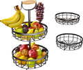 2-Layer Fruit Basket with Double Banana Hooks and Wooden Handles, Metal Wire Basket for Kitchen Countertop