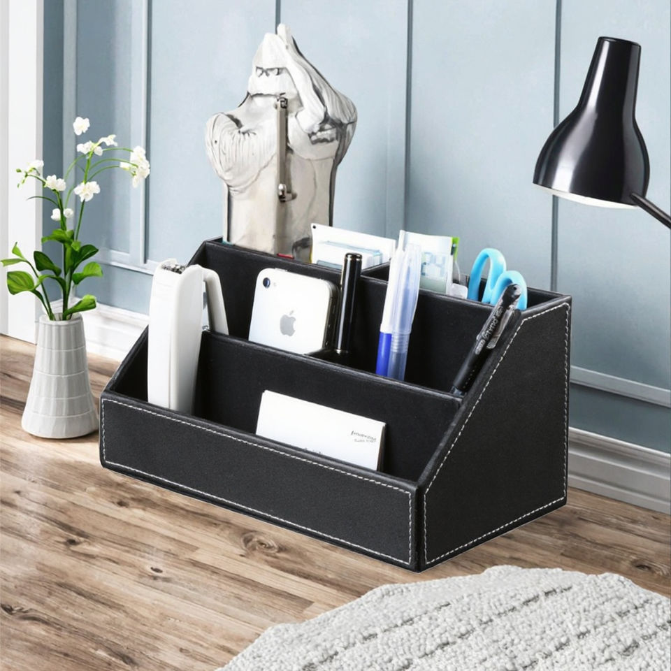 Multifunctional Student Desktop Pen Holder in Japanese and Korean Style Creative Leather Stationery Storage Box with Containers