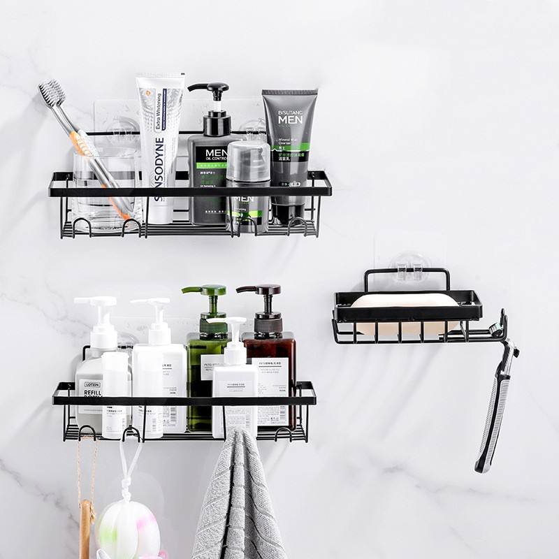 Hot Sale Iron Multifunction Self-Adhesive Bathroom Shower Shelf Wall-Mounted Towel Rack No Drilling